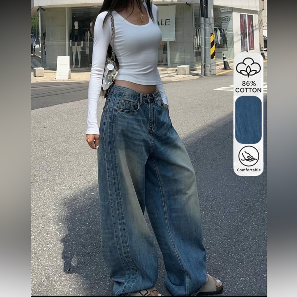 Dark Blue Denim Wide-Leg Jeans with distressed detail medium - Picture 8 of 9